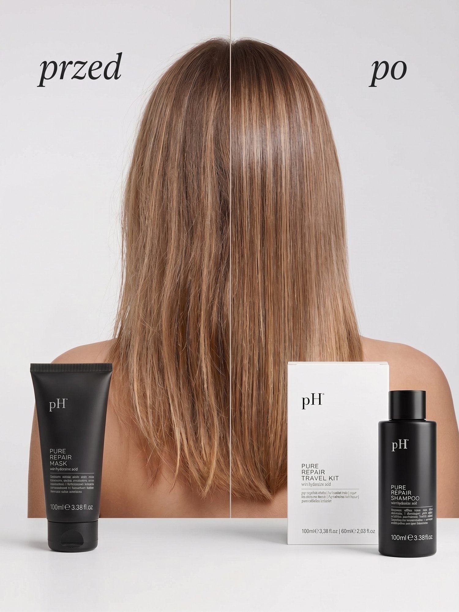 Włos suchy przed maską i po masce pH Pure Repair — ten sam kolor, więcej gładkości i blasku